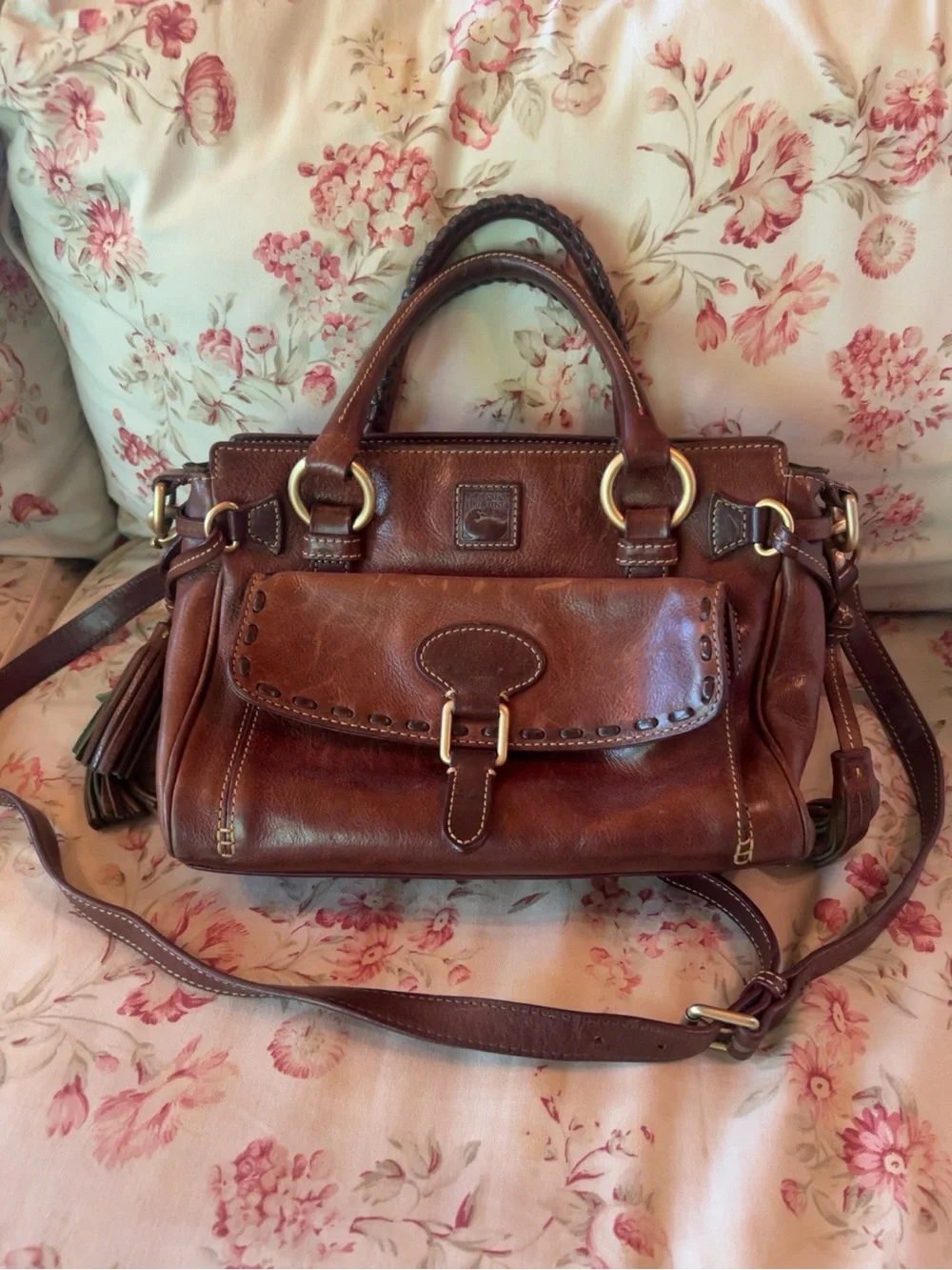 Dooney & Bourke Chocolate Brown Leather Satchel with Brass Hardware